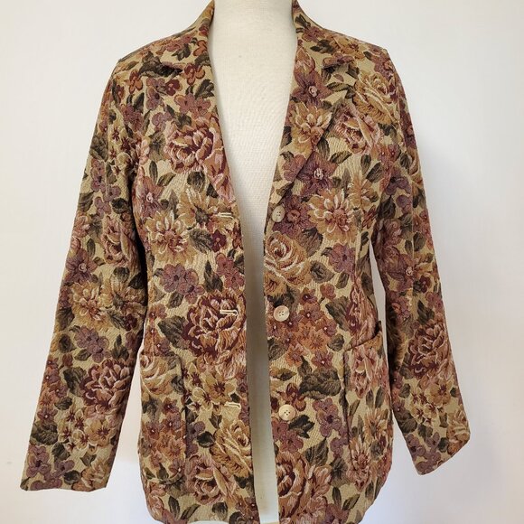 WinterSilks Autumn Rose Floral Tapestry Weave Jacquard Blazer Beige Maroon Green - Picture 1 of 9